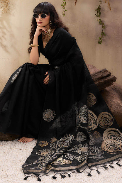 Sonorous Black Cotton Silk Saree With Impressive Blouse Piece
