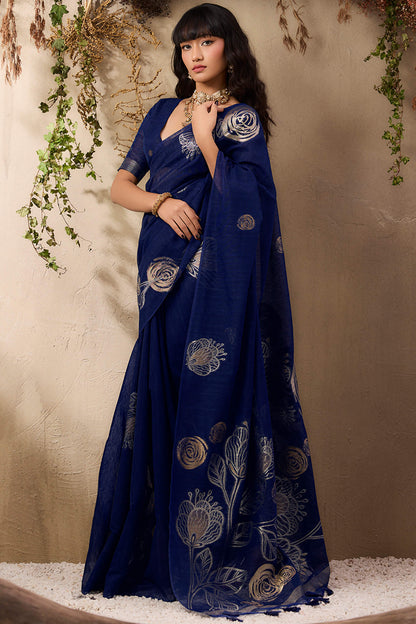 Sumptuous Navy Blue Cotton Silk Saree With Exquisite Blouse Piece