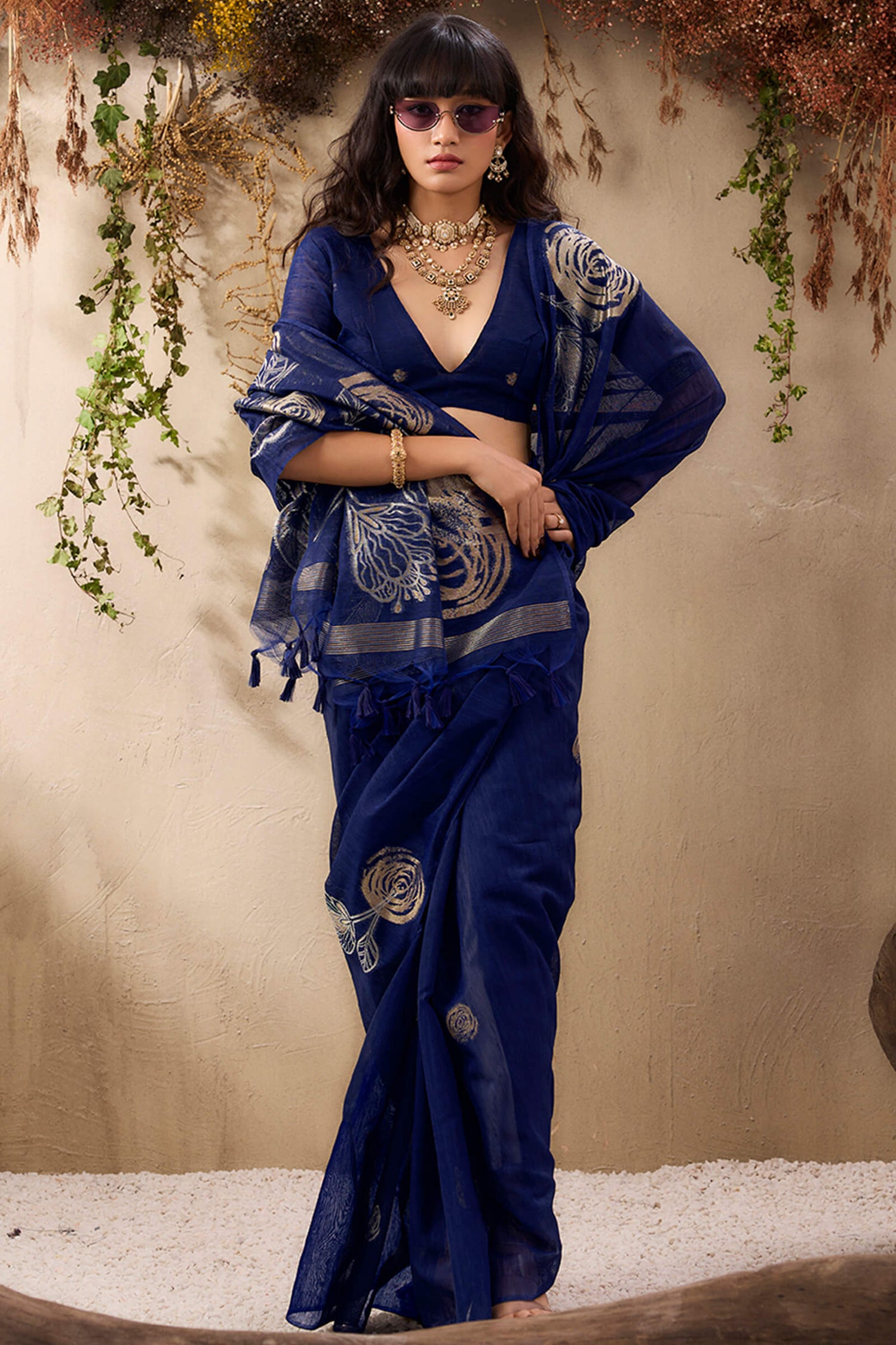 Sumptuous Navy Blue Cotton Silk Saree With Exquisite Blouse Piece
