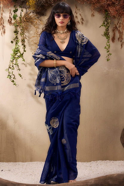 Sumptuous Navy Blue Cotton Silk Saree With Exquisite Blouse Piece