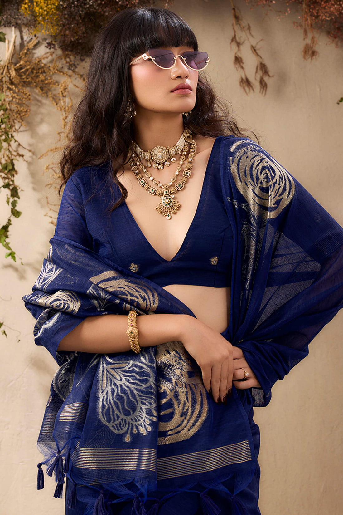 Sumptuous Navy Blue Cotton Silk Saree With Exquisite Blouse Piece
