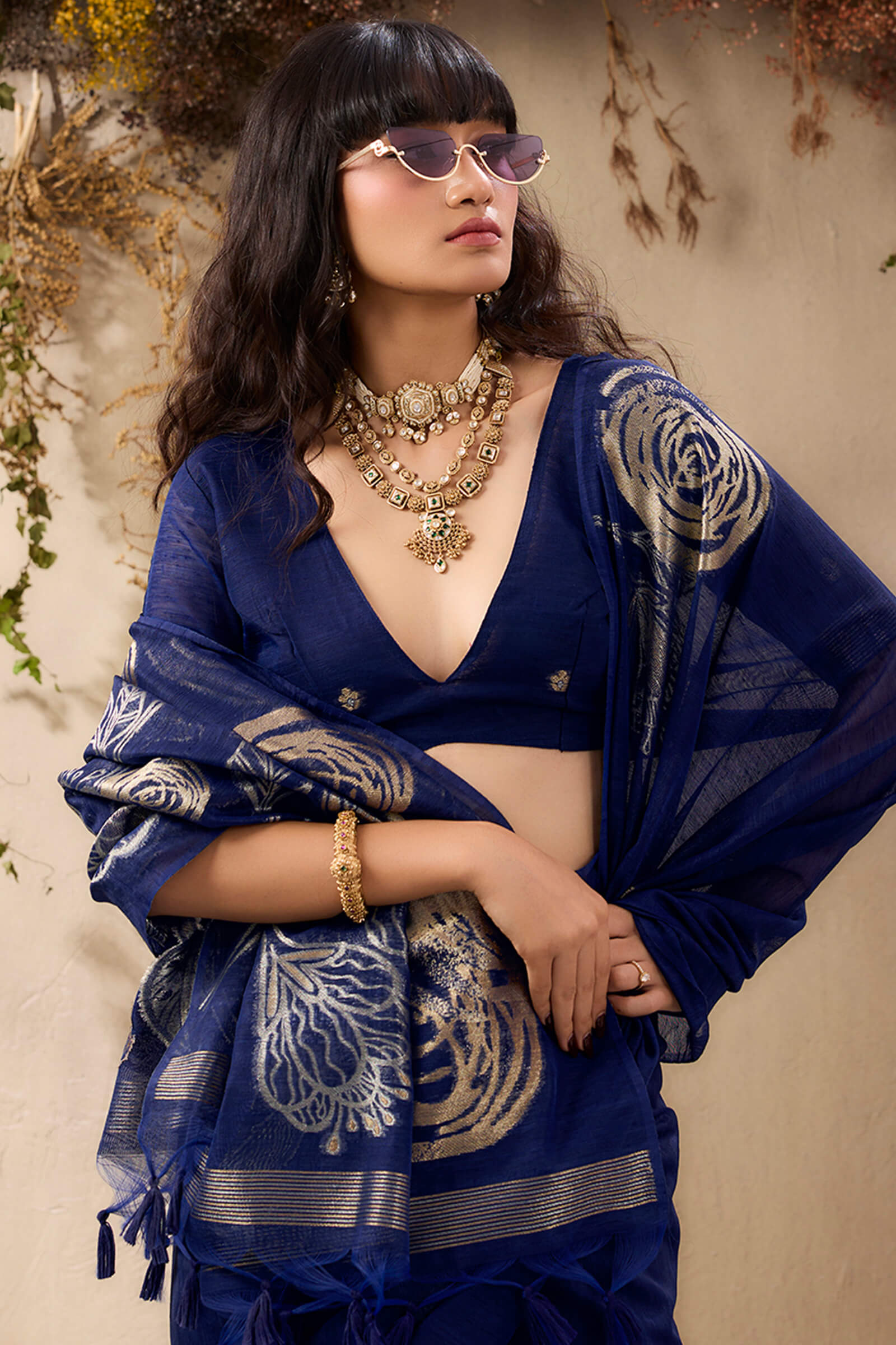 Sumptuous Navy Blue Cotton Silk Saree With Exquisite Blouse Piece