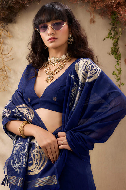 Sumptuous Navy Blue Cotton Silk Saree With Exquisite Blouse Piece