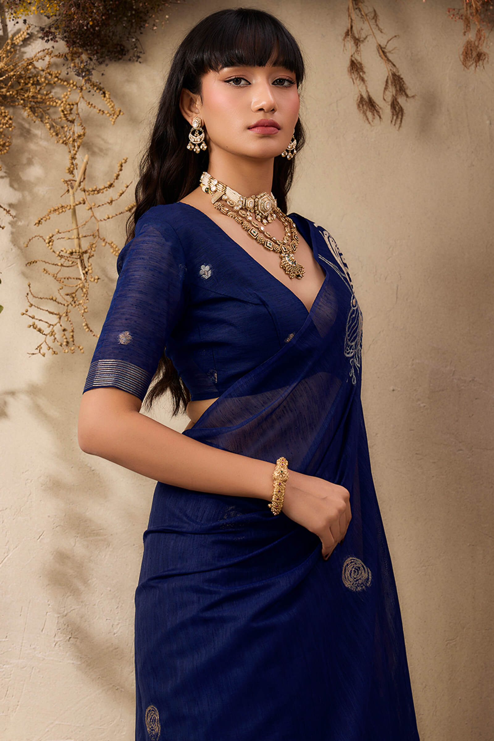 Sumptuous Navy Blue Cotton Silk Saree With Exquisite Blouse Piece