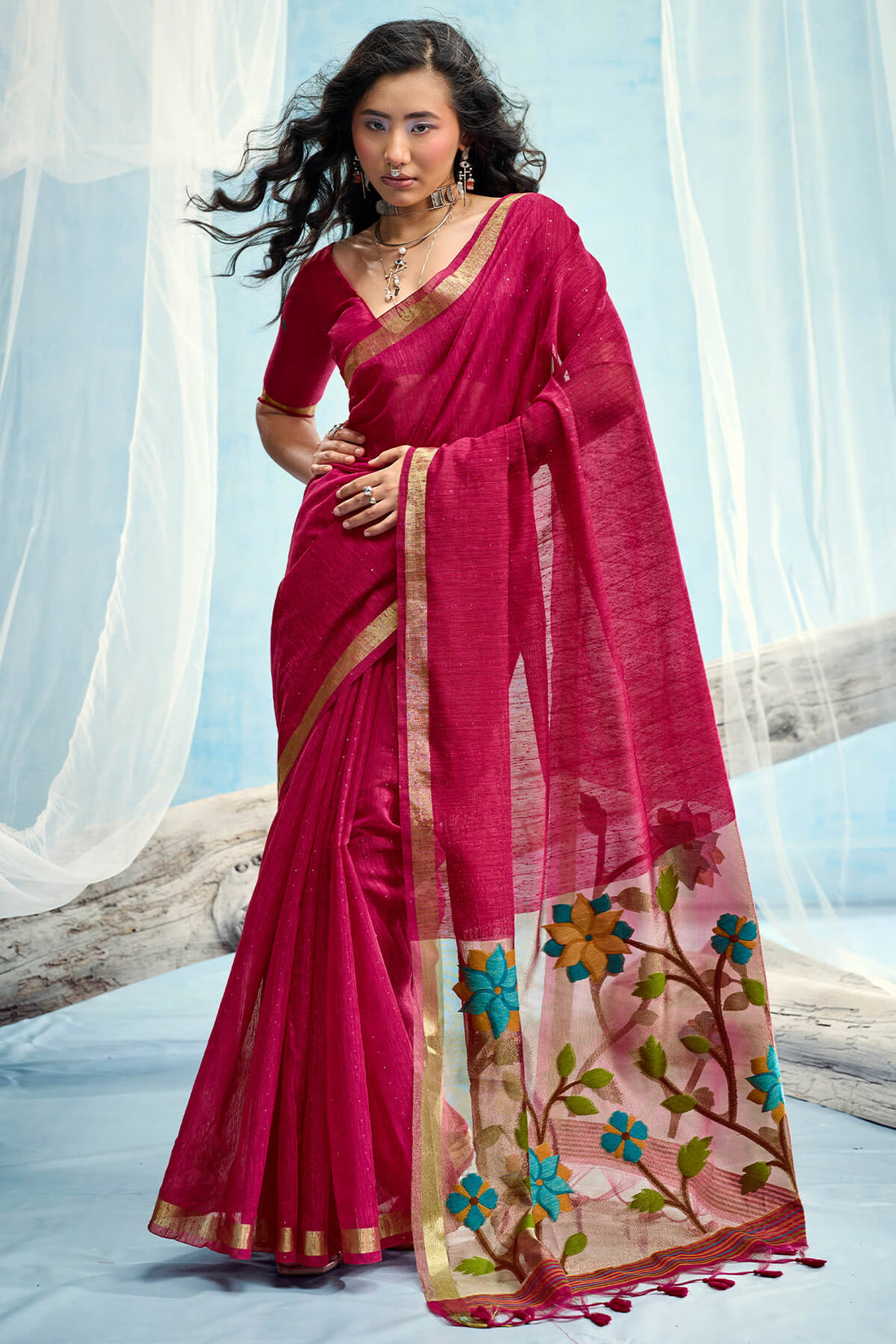 Symmetrical Dark Pink Pure Munga Cotton Silk Saree With Dalliance Blouse Piece
