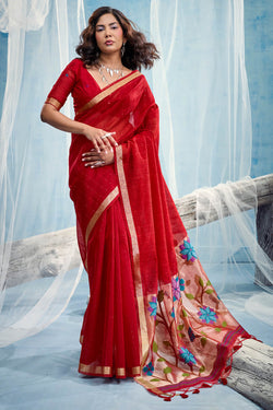 Dazzling Red Pure Munga Cotton Silk Saree With Classic Blouse Piece