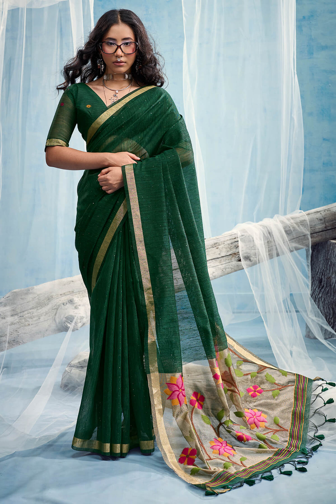 Innovative Dark Green Pure Munga Cotton Silk Saree With Denouement Blouse Piece