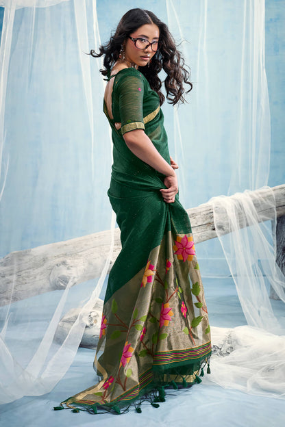 Innovative Dark Green Pure Munga Cotton Silk Saree With Denouement Blouse Piece