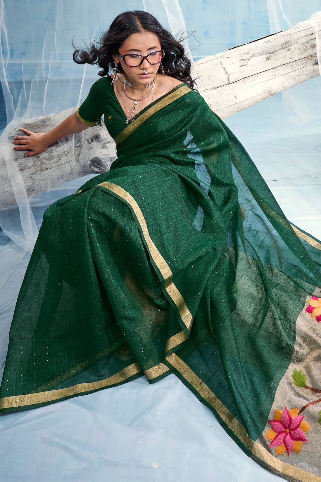 Innovative Dark Green Pure Munga Cotton Silk Saree With Denouement Blouse Piece