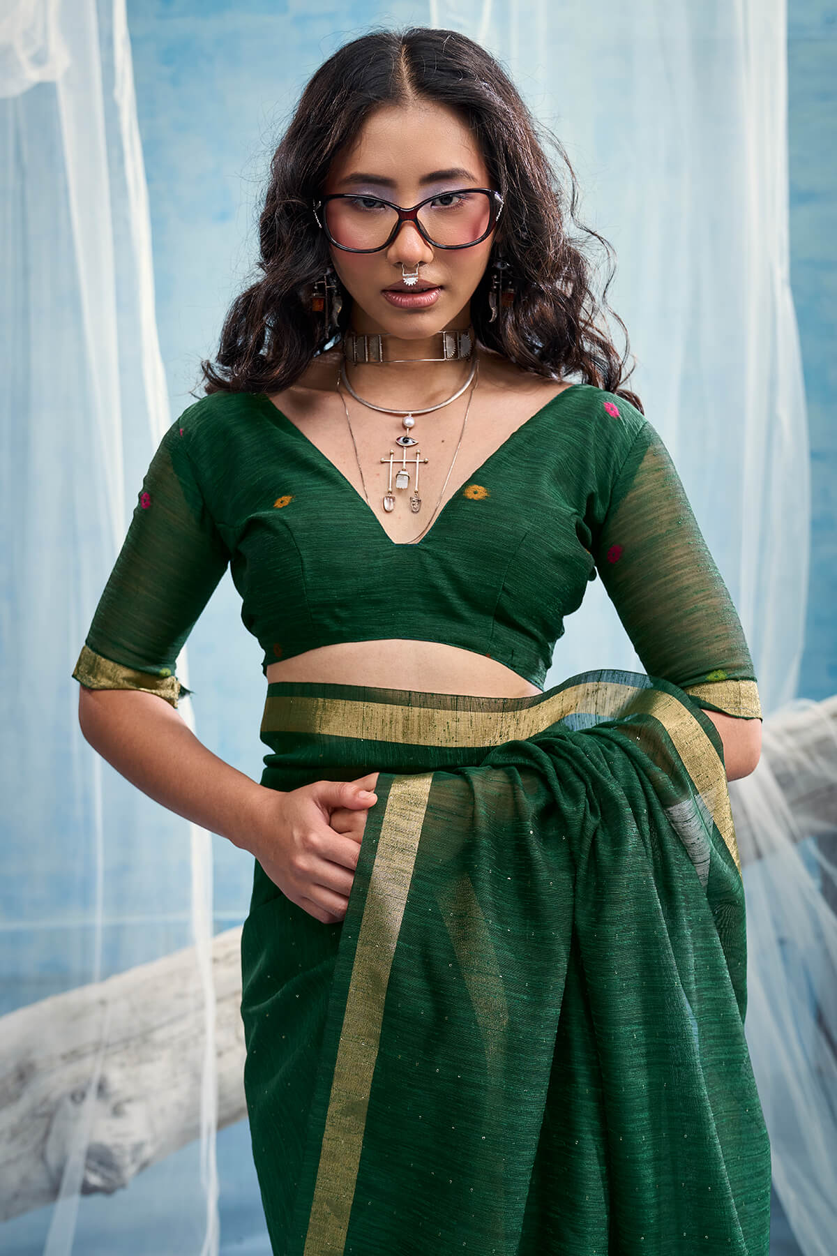Innovative Dark Green Pure Munga Cotton Silk Saree With Denouement Blouse Piece