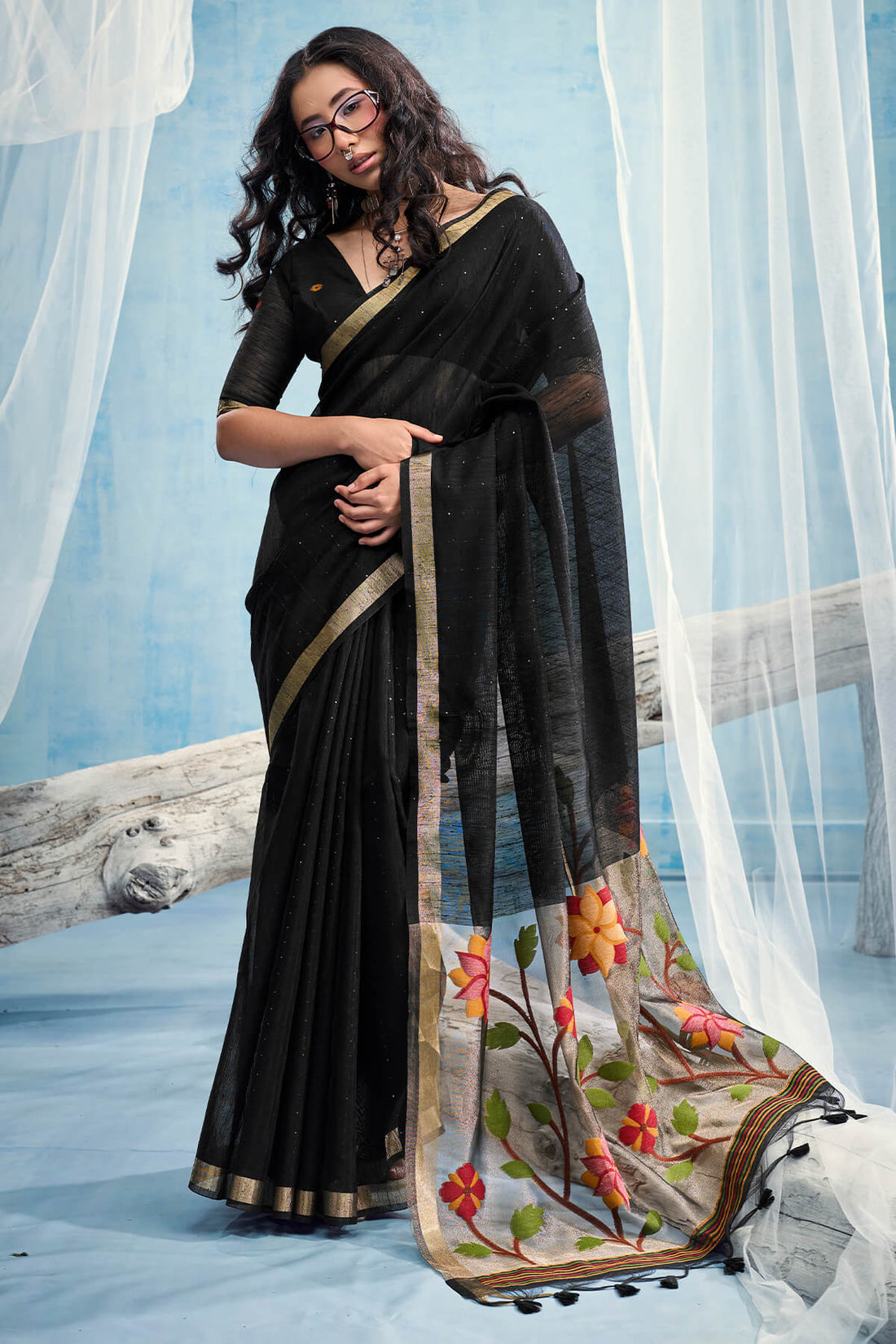 Gossamer Black Pure Munga Cotton Silk Saree With Nemesis Blouse Piece