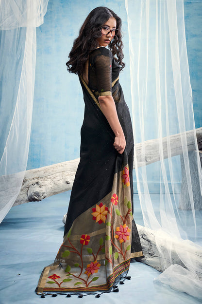 Gossamer Black Pure Munga Cotton Silk Saree With Nemesis Blouse Piece