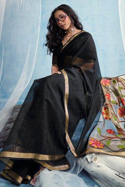 Gossamer Black Pure Munga Cotton Silk Saree With Nemesis Blouse Piece