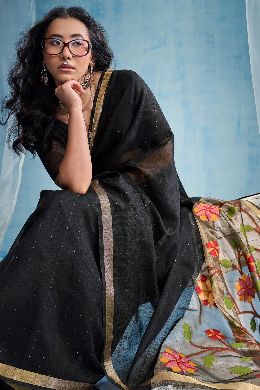 Gossamer Black Pure Munga Cotton Silk Saree With Nemesis Blouse Piece