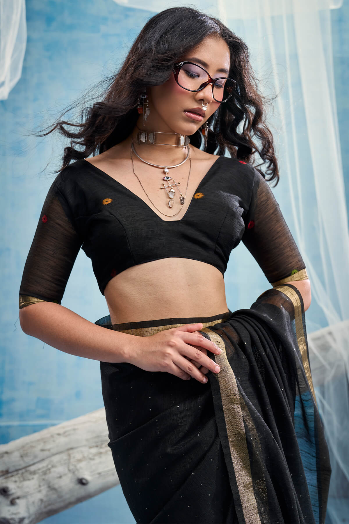 Gossamer Black Pure Munga Cotton Silk Saree With Nemesis Blouse Piece