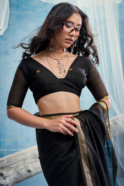 Gossamer Black Pure Munga Cotton Silk Saree With Nemesis Blouse Piece