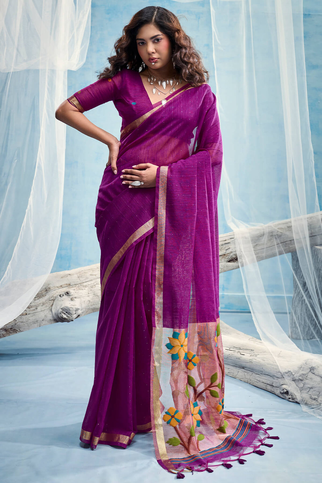 Enchanting Purple Pure Munga Cotton Silk Saree With Rhapsodic Blouse Piece