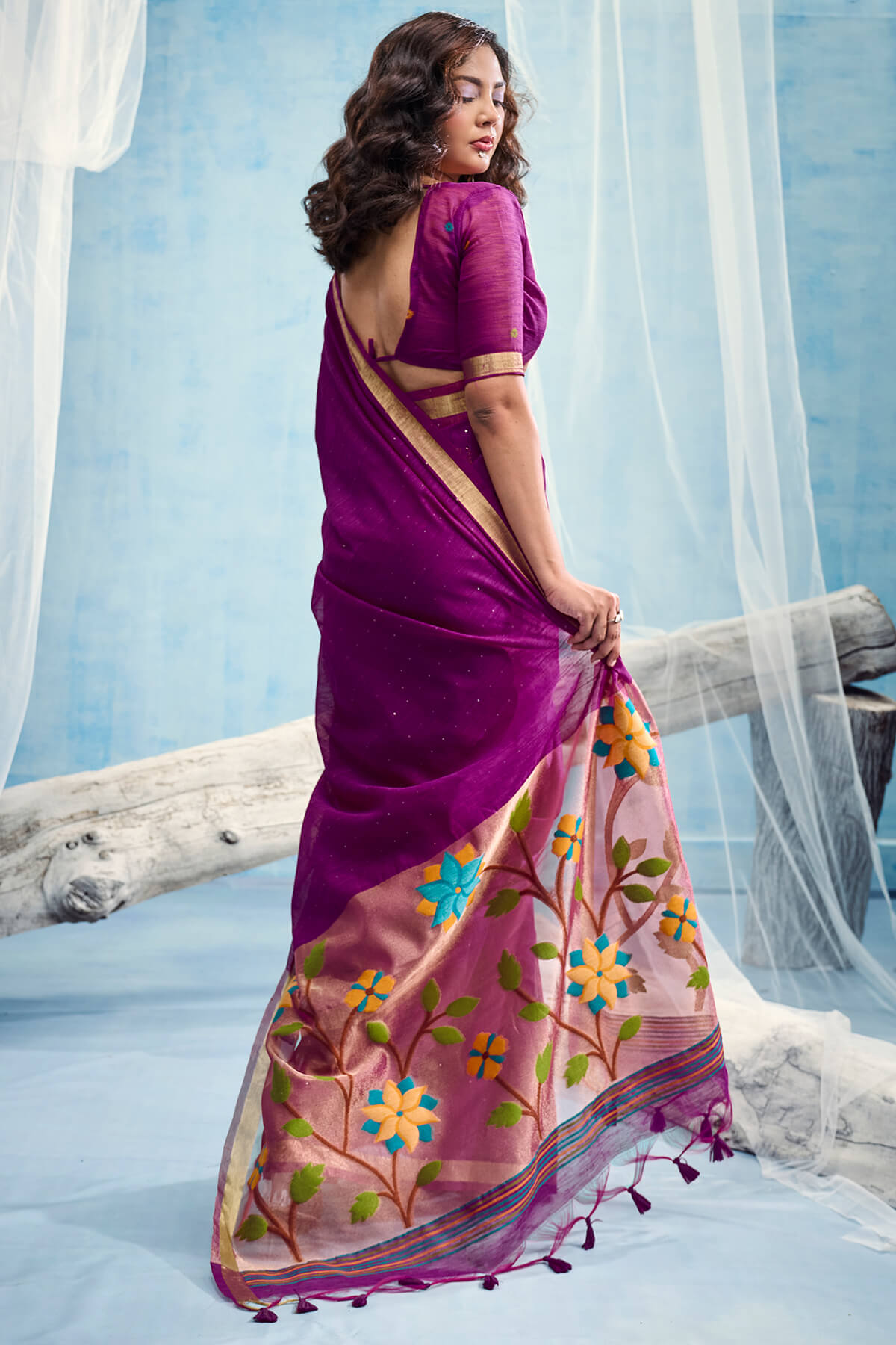 Enchanting Purple Pure Munga Cotton Silk Saree With Rhapsodic Blouse Piece