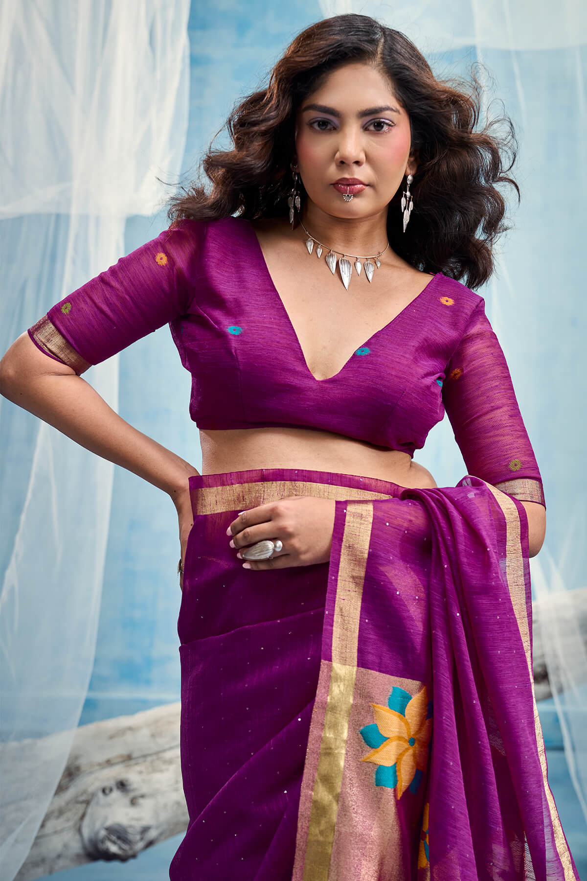 Enchanting Purple Pure Munga Cotton Silk Saree With Rhapsodic Blouse Piece