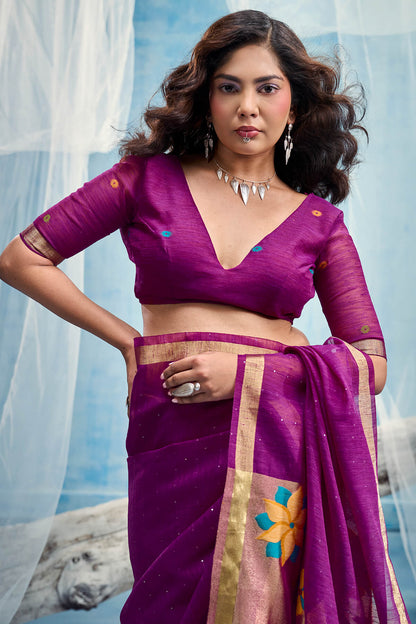Enchanting Purple Pure Munga Cotton Silk Saree With Rhapsodic Blouse Piece