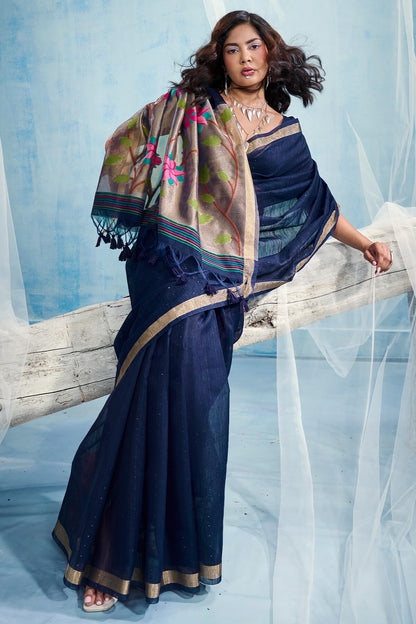 Capricious Navy Blue Pure Munga Cotton Silk Saree With Majestic Blouse Piece