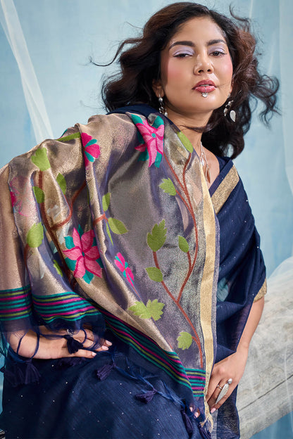Capricious Navy Blue Pure Munga Cotton Silk Saree With Majestic Blouse Piece