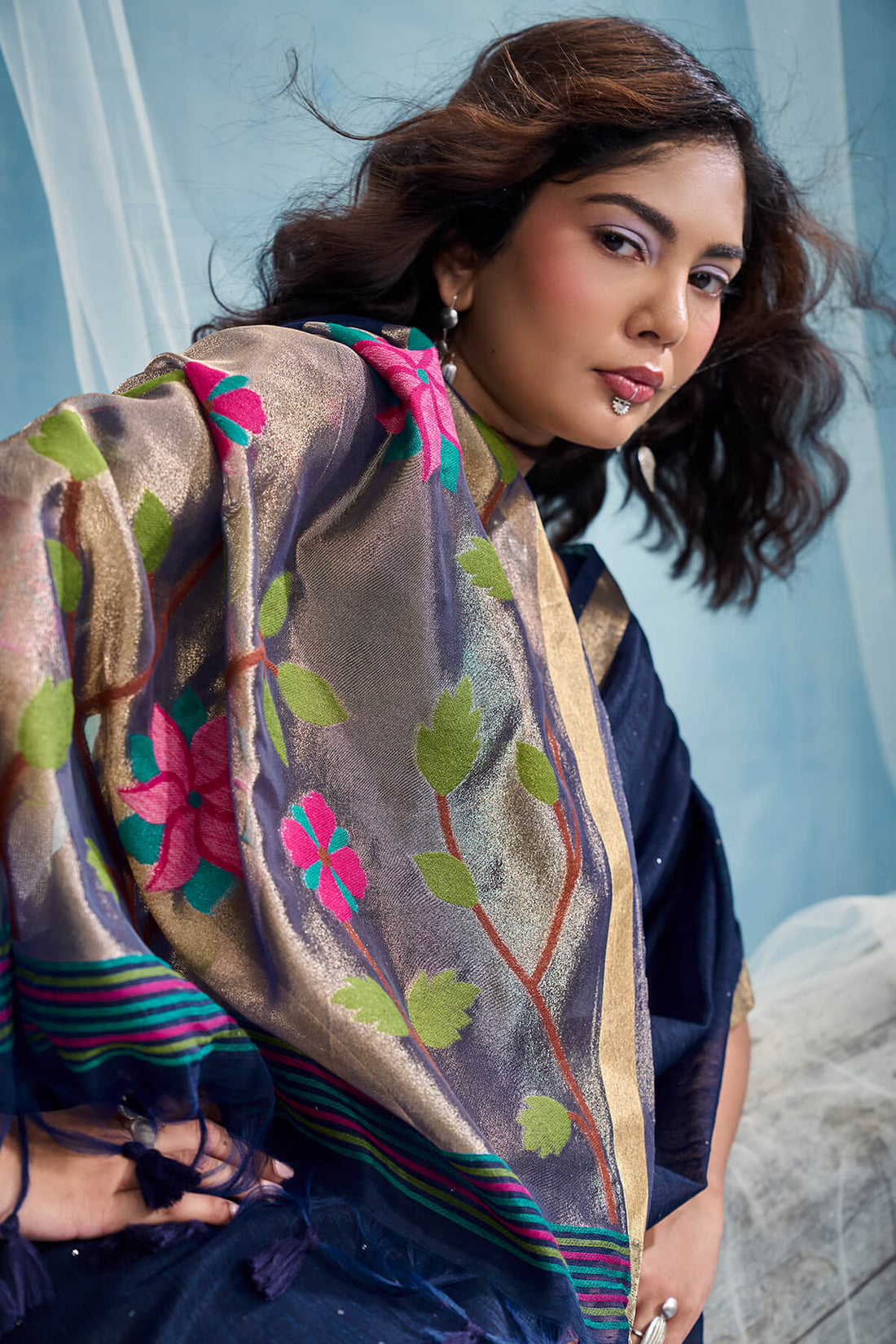 Capricious Navy Blue Pure Munga Cotton Silk Saree With Majestic Blouse Piece