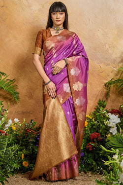 Blissful Magenta Banarasi Paper Silk Saree With Magnetic Blouse Piece