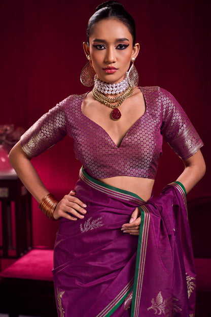 Delightful Wine Banarasi Satin Silk Saree With Preferable Blouse