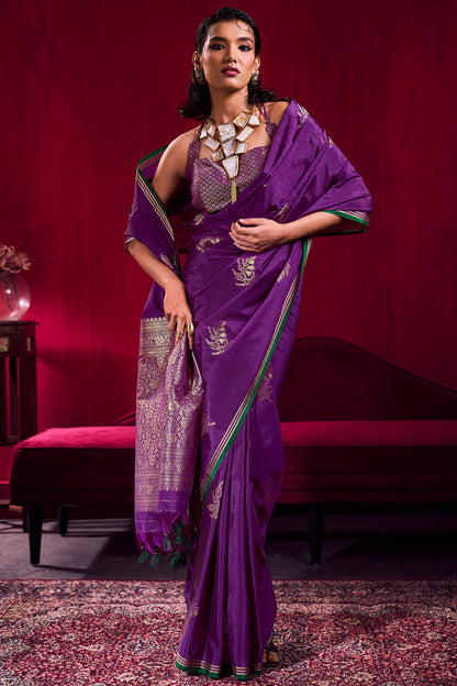 Fantabulous Purple Banarasi Satin Silk Saree With Lissome Blouse