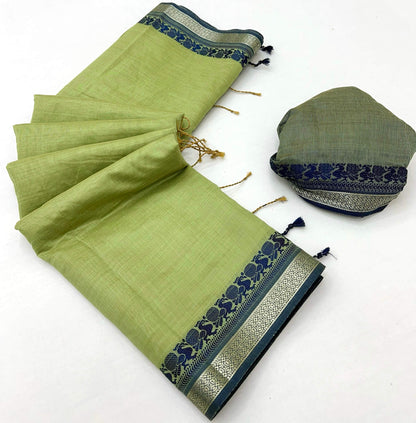Lagniappe Pista Cotton Silk Saree With Resplendent Blouse Piece