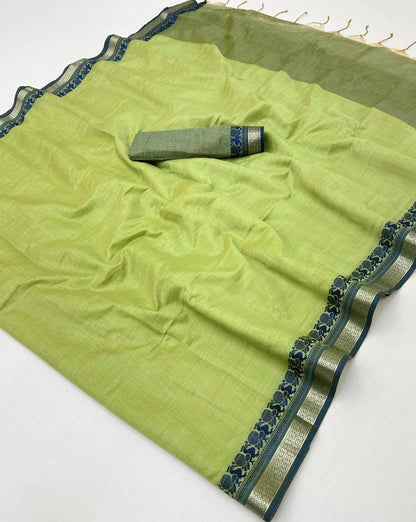 Lagniappe Pista Cotton Silk Saree With Resplendent Blouse Piece