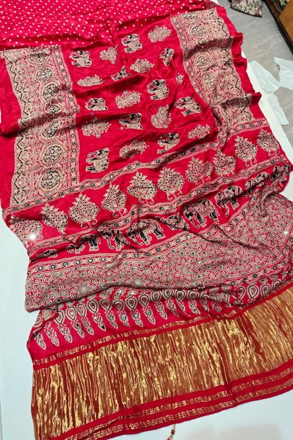 Dalliance Red Pure Viscose Lagdi Patta Mirror Work Ajrakh Printed  Saree
