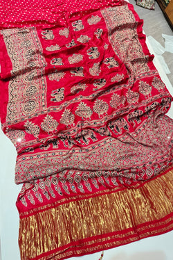 Dalliance Red Pure Viscose Lagdi Patta Mirror Work Ajrakh Printed  Saree