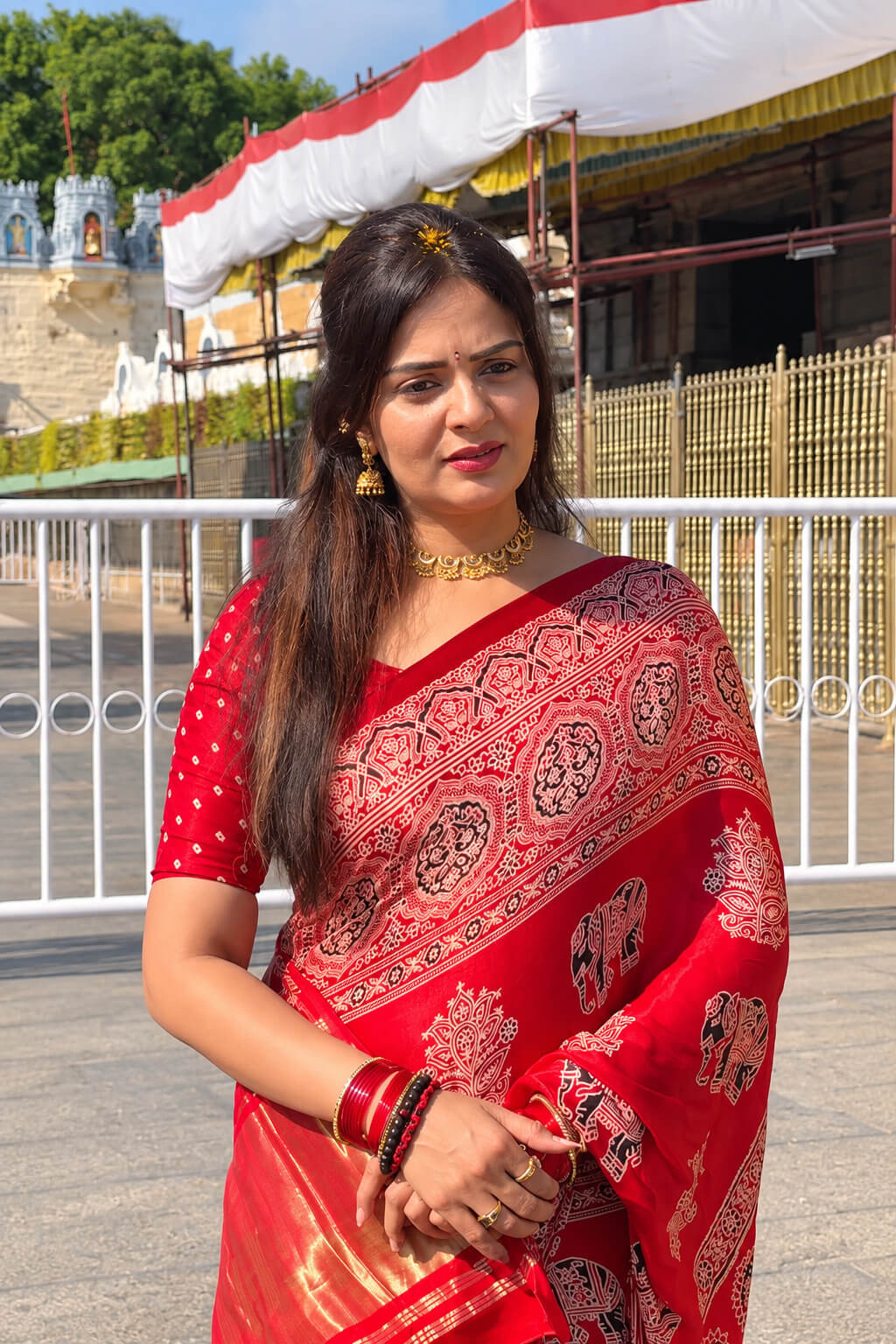 Dalliance Red Pure Viscose Lagdi Patta Mirror Work Ajrakh Printed  Saree
