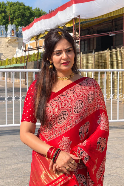 Dalliance Red Pure Viscose Lagdi Patta Mirror Work Ajrakh Printed  Saree
