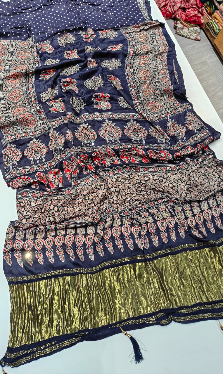 Ethnic Navy Blue Pure Viscose Lagdi Patta Mirror Work Ajrakh Printed  Saree