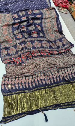 Ethnic Navy Blue Pure Viscose Lagdi Patta Mirror Work Ajrakh Printed  Saree