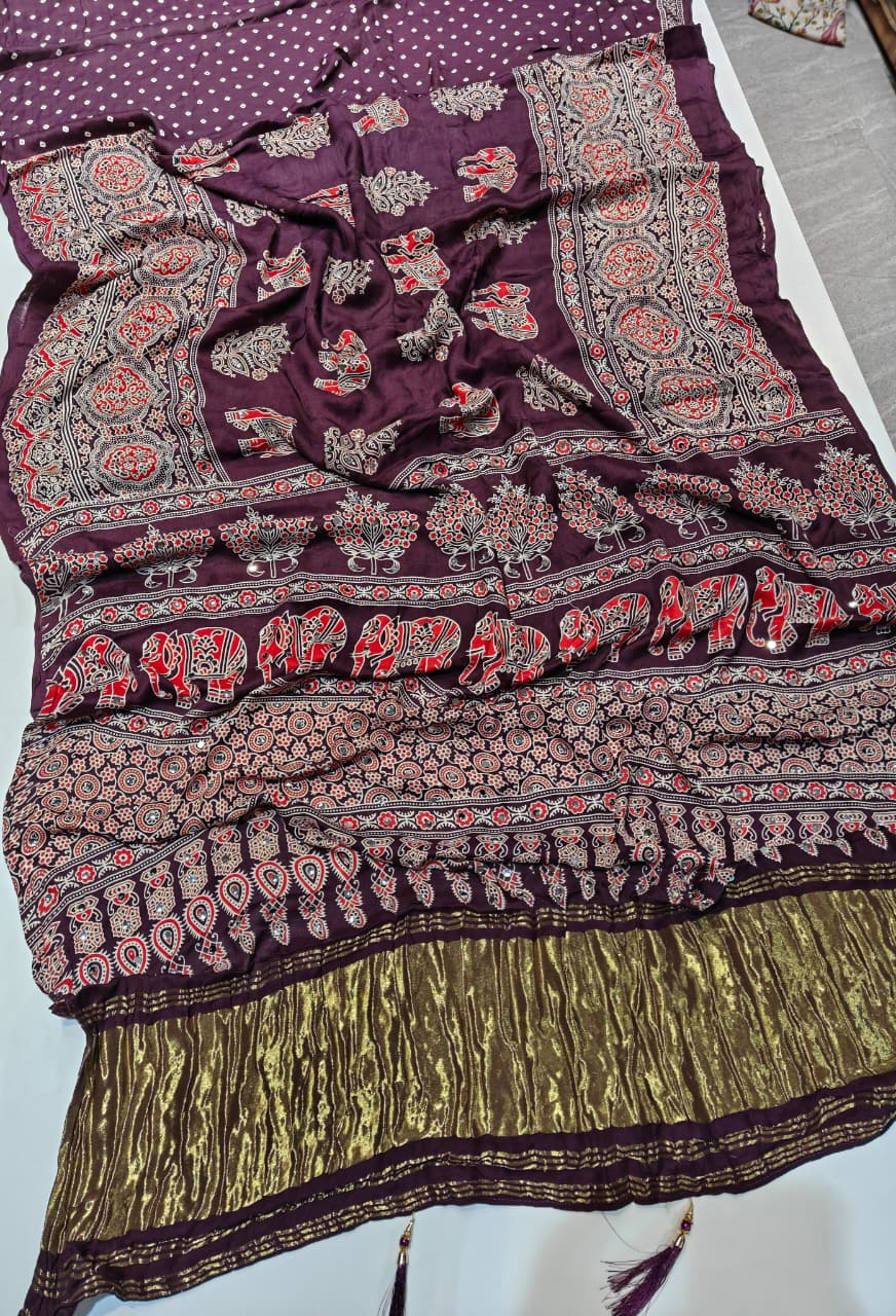 Fantabulous Purple Pure Viscose Lagdi Patta Mirror Work Ajrakh Printed  Saree