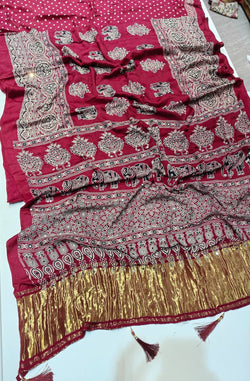 Imaginative Wine Pure Viscose Lagdi Patta Mirror Work Ajrakh Printed  Saree