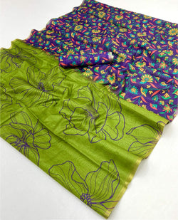 Evanescent Green Printed Cotton Silk Saree With Zephyr Blouse Piece