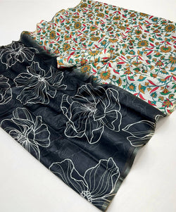Incomparable Black Printed Cotton Silk Saree With Propinquity Blouse Piece