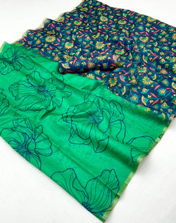 Confounding Sea Green Printed Cotton Silk Saree With Supernal Blouse Piece
