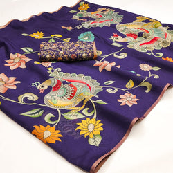 Epiphany Navy Blue Kalamkari Printed Cotton Silk Saree With Fairytale Blouse Piece