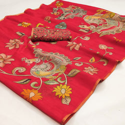 Dalliance Red Kalamkari Printed Cotton Silk Saree With Proficient Blouse Piece
