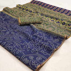 Devastating Navy Blue Printed Cotton Silk Saree With Scintilla Blouse Piece
