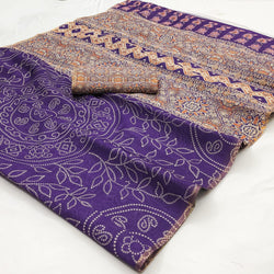 Beauteous Purple Printed Cotton Silk Saree With Luxuriant Blouse Piece