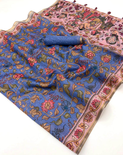 Innovative Blue Printed Cotton Silk Saree With Extraordinary Blouse Piece