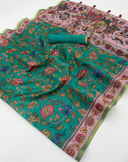 Radiant Rama Printed Cotton Silk Saree With Flameboyant Blouse Piece