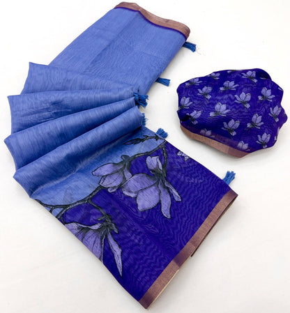 Confounding Blue Printed Cotton Silk Saree With Eloquence Blouse Piece